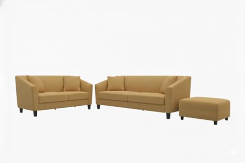 Image of Avion Natalia 3+2 Seater Sofa Set with Ottoman for Living Room Yellow | Modern 6 Person Sofas Furniture | Fabric Sofa Set 6 Seater Couch for Guests Room Festival Gifts