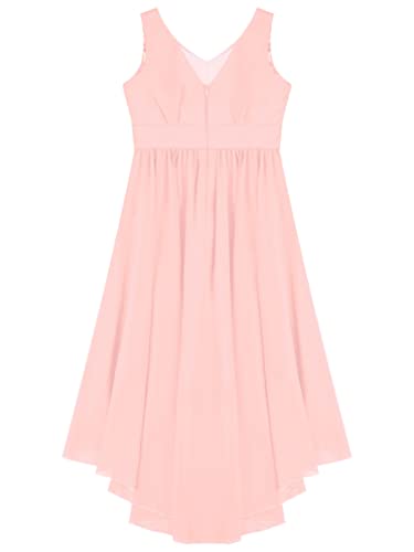 Ranrann Kids Girl's Sleeveless V-Neck Special Occasion Dresses Rhinestone Waist High Low Wedding Party Dress For Junior Teens Pink 10 Years #TOP3