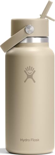 Hydro Flask Water Bottle - Insulated Stainless Steel - Wide Mouth Flex Straw Lid, Non Spill, Leakproof and Refillable in 32 Oz Tonal Oat