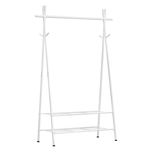 eSituro Kleiderständer Stabil mit Schuhablage Haken Garderobenständer mit Kleiderstange aus Metall Weiß