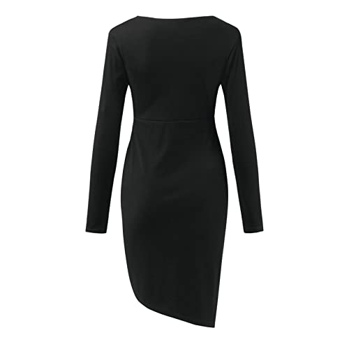 Outtop Sexy Pencil Dress For Women Long Sleeve Wrap Deep V Neck Solid Bodycon Ruched Casual Cocktail Party Midi Dresses (L, Black) #TOP4