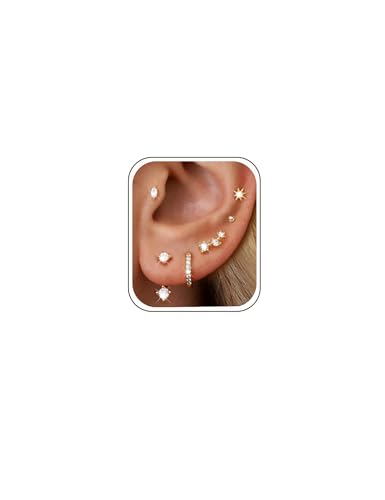 6 Pairs 14K Gold Plated Stud Earrings for Women, Hypoallergenic Cuff Cartilage Earrings for Multiple...