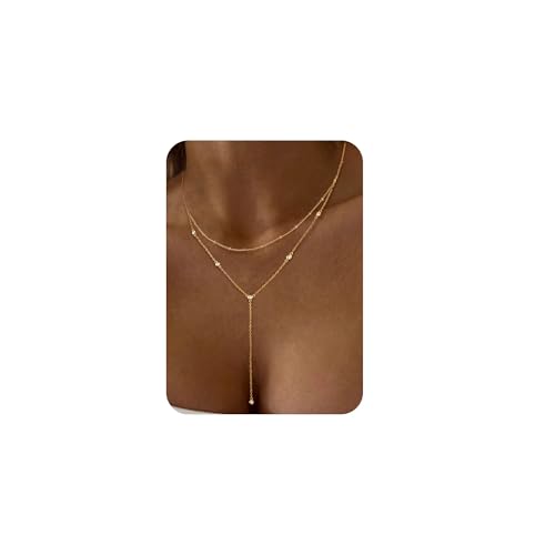 Layered Necklaces for Women,Dainty 14K Gold Plated Long Lariat Necklace Stack Simple Chain Pendant Necklace Fashion Accessories Long Necklaces for Women Trendy Gold Jewelry