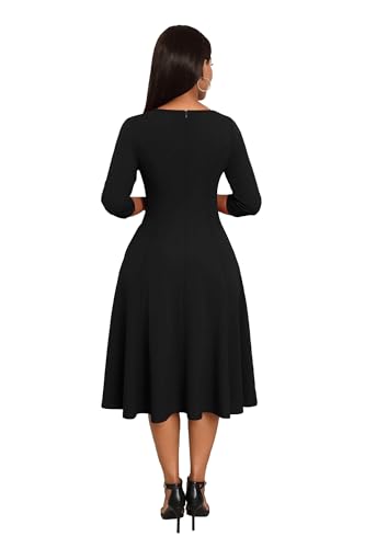 Image of Nmoder Midi Dresses for Women A-Line Fit and Flare Dress 3 /4 Sleeve V Neck Cocktail Wedding Guest Work Dress with Pockets