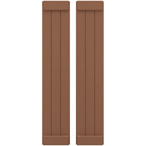 10 1/2"W x 67"H Americraft Three Board Exterior Real Wood Joined Board-n-Batten Shutters w/End Batten (Per Pair), Burnt Toffee