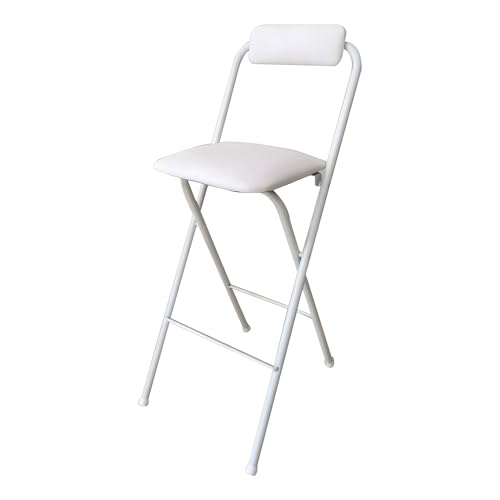 Taburete alto plegable con respaldo, silla de bar portátil para exteriores con reposapiés, asiento acolchado de altura de mostrador, taburete plegable ligero para cocina y patio (blanco, 65 cm)