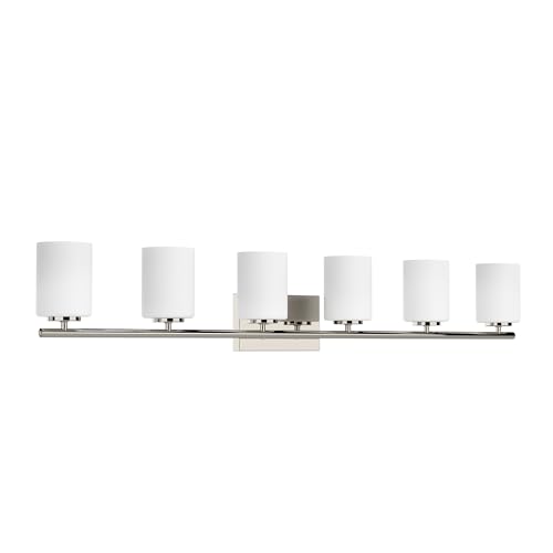 Image of Progress Lighting Replay Collection 6 Light Bathroom Vanity Light, Modern Bath Lighting Fixture with Etched White Glass Shades for Over the Mirror, Reversible Mounting, Polished Nickel