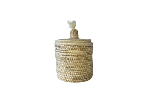 Cesta de Almacenamiento Marroquí con Tapa, Tejido Natural y lana, Hecho a Mano en Marruecos, 20x25 cm, Color Beige