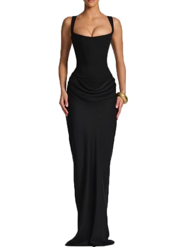 OXZKSNKEY Women's Wedding Guest Dress Sexy Satin Prom Mermaid Corset Long Spaghetti Straps Cocktail Party Dresses Black (Medium)