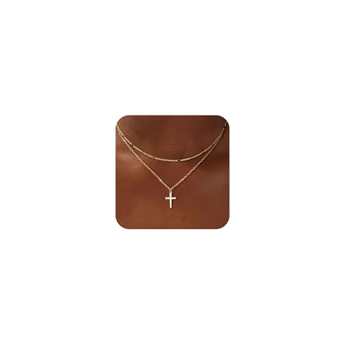 VIROMY Kreuz Kette Damen 14K Gold plattiert 2-Layered Gold Dot Zirkonia Kreuz Anhänger Halskette Mode christlichen Schmuck Geschenke für Frauen