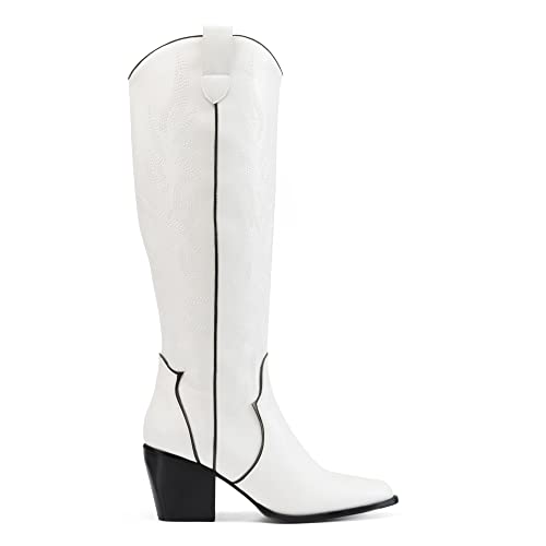 Image of DREAM PAIRS Womens Cowboy Boots Wide Calf Comfortable Pull On Zipper Chunky Heel Pointed Toe Embroidered Western Cowgirl Knee High Boots Ladies Retro Tall Boot