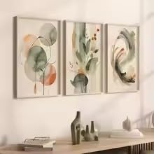 DIHANSM Abstrakte Aquarell-Wandkunst in Beige und Graugrün, Pflanzen- und geometrische Muster, japanische Wabi-Sabi Zen-Wanddekoration (70 x 100 cm x 3/ungerahmt)