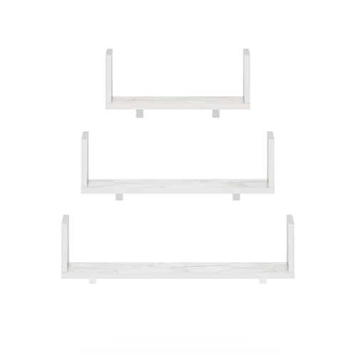 Image of Furinno Rossi Bedroom Decor Wall Mounted Floating Display Shelves with Invisible Brackets, Set of 3, Marble White | 11.7 inch, 15.7 inch, 18.9 inch Width, U-Shape Rectangular Wall Shelf Set, Wall Mounted Shelves, for Bathroom, Home Office, Living Room