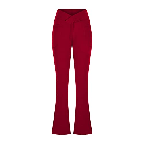 Ceboyel Women Bootcut Yoga Pants Flare V Crossover Workout Leggings High Waisted Active Sweatpants Joggers Pants With Pockets Red #TOP3