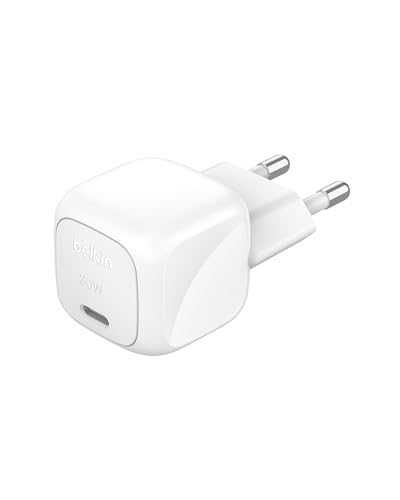 Belkin BoostCharge kompakt väggladdare 30 W, resevänlig snabb laddning med USB-C Power Delivery för Apple iPhone serie 12, 13, 14, Samsung Galaxy S23, S24, iPad, AirPods, Tablet, m.m. - Vit