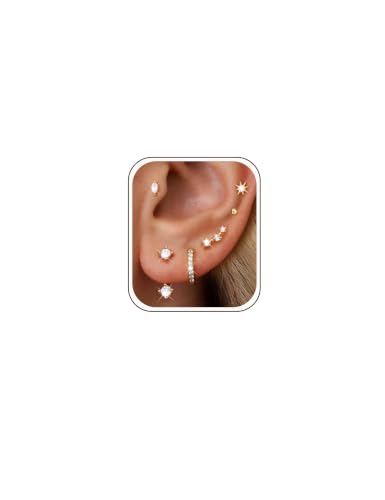 6 Pairs 14K Gold Plated Stud Earrings for Women, Hypoallergenic Cuff Cartilage Earrings for Multiple...