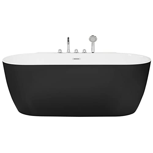 Acryl Badewanne oval freistehend schwarz mit Armatur Überlauf 170 x 80 cm Rotso