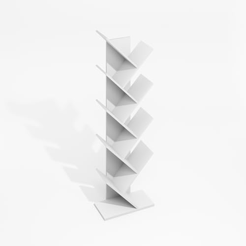 Image of Furinno Tree Book Shelf, 9-Tier Bookshelf, Tree Bookcase for Room Decor, 8.4 x 15.7 x 50.9, for Living Room, Bedroom, Home Office, Plain White