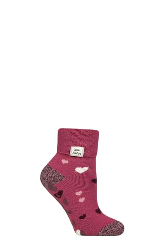 HEAT HOLDERS SOCKSHOP Damensocken - Drehen Sie die Manschette um 1.6 TOG Lite Warm und gemütlich Thermo-Lounge-Slipper-Socken mit Anti-Rutsch-Griffen Gemustert 1 Paar Größe 37-42 Herzen
