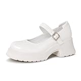Gemialle Women's Mary Janes Platform Chunky Block Heels Work Wedding Shoes Ankle Strap Gothic Lolita Oxfords Classic Comfortable Uniform Dress Shoes,White PU 8 M US