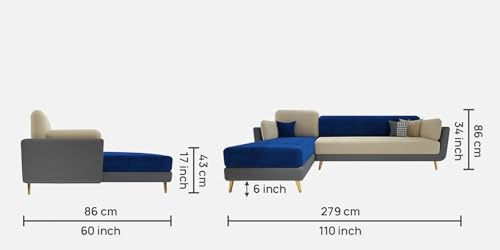 Image of Polyester Velvet Contemperory Sofa Set with Cushion Chaise Lounge, Sectional Sofa Perfect for Your Living Room,Guests Room & Office. (Blue & Beige, RHS 5 Seater)