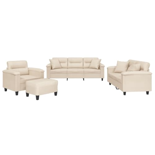 vidaXL Sofagarnitur 4-TLG., Sessel Couch mit Kissen Fußhocker, Sofa Wohnzimmersofa mit Armlehnen, Couchgarnitur Designsofa Sitzmöbel Polstermöbel, Beige Mikrofasergewebe