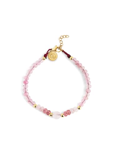 SINGULARU - Pulsera Amulet Rose Quartz. Acero bañado en Oro 18Kt y Piedras Naturales. Joyas para Mujer
