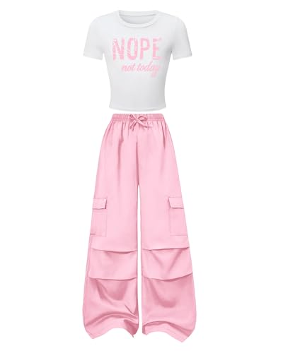 Image of Betusline Girls 2 Piece Outfits Short Sleeve Crop Top & Parachute Cargo Pants Set,4T-14 Years