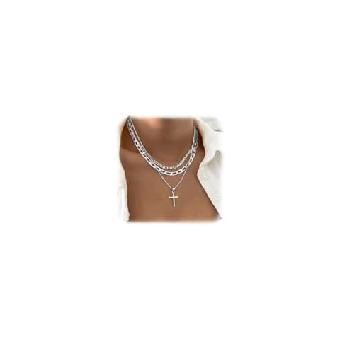 LAKIYOYO Gold Layered Necklace for Women Adjustable Multilaye CZ Diamond Cross Pendant Necklace Dainty Stackable Chain Choker Gold Layering Paperclip Chain Simple Jewelry Gift(silver) Cover