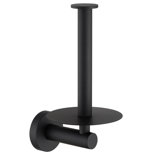 Vertical Tray Toilet Paper Holder, Aomasi 304 Stainless Steel Tissue Roll Hanger with Round Plate, Matte Black Bathroom Kitchen Paper Roll Dispenser Wall Mounted