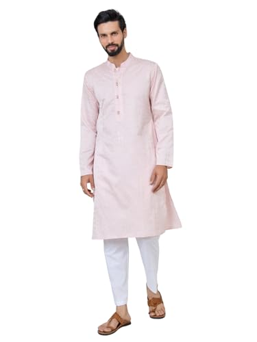 Image of See Designs Men's Full Sleeve Mandarin Collar Floral Embroidered Mandarin Collar Thread Work Straight Long Kurta with Pyjama - Festive Collection