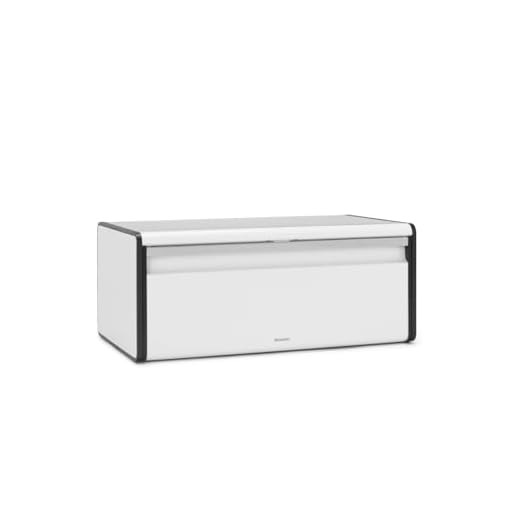 Brabantia Rectangular Fall Front Bread Box (White) Large Front Opening Flat Top Bread Store for Kitchen Counter, Fits 2 Loaves