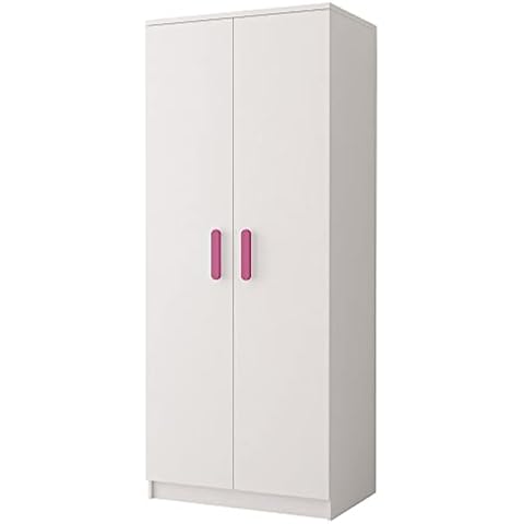 Polini Home Kinderkleiderschrank 2-türig 80x193x50cm Kleiderschrank für Kinderzimmer Juniorzimmer Jugendzimmer Weiß mit rosa Griffen Colour Serie Cover