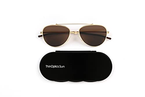 ThinOptics Milano Aluminum Case + Aviator Sunglasses, Gold Frame/Brown Lens, 54 mm