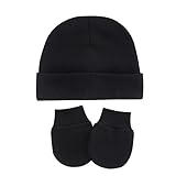 UTTPLL Baby Hats Mittens Set Unisex Newborn Beanie Cap No Scratch Cotton Gloves Toddler Boy Girl Hospital Hat 0-6 Months Black One Size