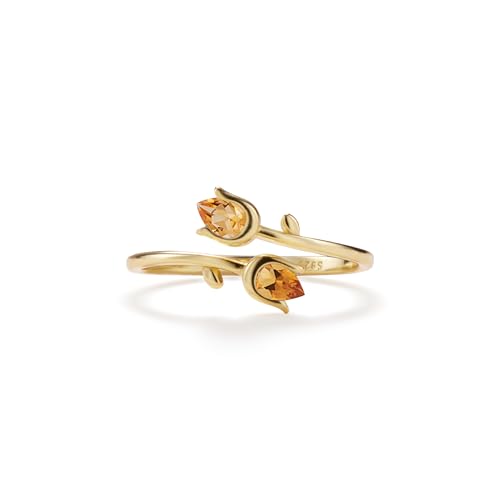 PERIMADE Anillo de tulipán de ópalo citrino para mujer, anillo abierto ajustable de flor de tulipán, anillo abierto chapado en oro, anillo abierto floral hipoalergénico de plata de ley 925 para