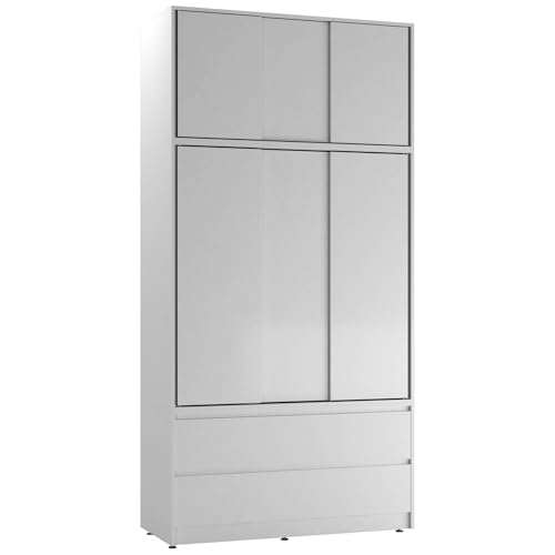 URBNLIVING 240cm Sliding Door Wardrobe with 6 Doors & 4 Drawers, Freestanding Bedroom Closet with Hanging Rail & Storage, Engineered Wood, 120cm Wide, Modern Design