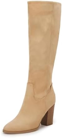 Coutgo Womens Faux Suede Knee High Boots Side Zipper Chunky Heel Stretch Winter Boots