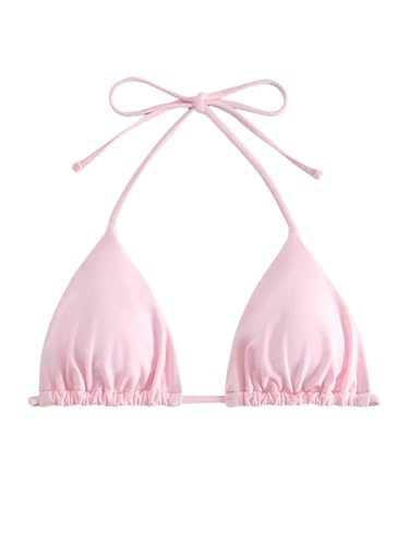 WDIRARA Womens Solid Triangle Bikini Top Sexy Halter String Micro Bathing Suits Tops Light Pink L