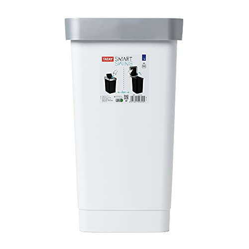 Image of Tatay Smart Swing Lid Bin, 25L Capacity, Polypropylene, BPA-Free, 30L Waste Bag, White, Measures 26 x 34 x 47 cm