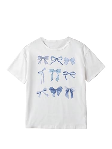 OYOANGLE Girl's Bow Graphic Print Tee Shirt Crew Neck Short Sleeve Cute Casual Tee Tops