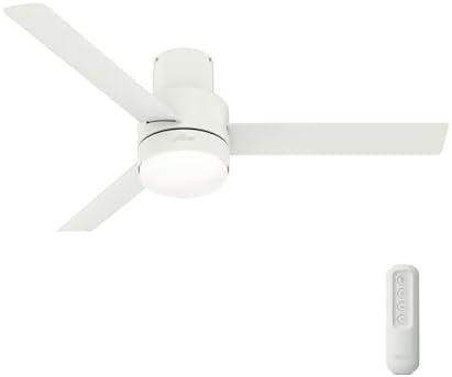Hunter 52 inch Outdoor or Indoor Ceiling Fan with LED Light and Remote Control - Low Profile Mount Ceiling Fan, 3 Blades, For Patio, Porch, Garage, or Living Room, Quiet - Gilmour 51840, Matte White
