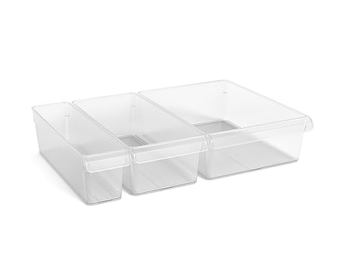 Kit de organizadores de frigorífico CARE + PROTECT de 3 tamaños, transparentes, encajan perfectamente en diferentes estantes de la nevera, optimizan el uso del espacio, 1,6 l, 3,1 l, 5,0 l