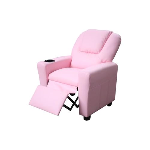 Image of Furnifact Marisa Pink PU Leather Youth Recliner with Cupholder for Kids 142 inch Seat Height 14 inch Width 106 inch Depth Bright and Fun for a Warm Lifestyle