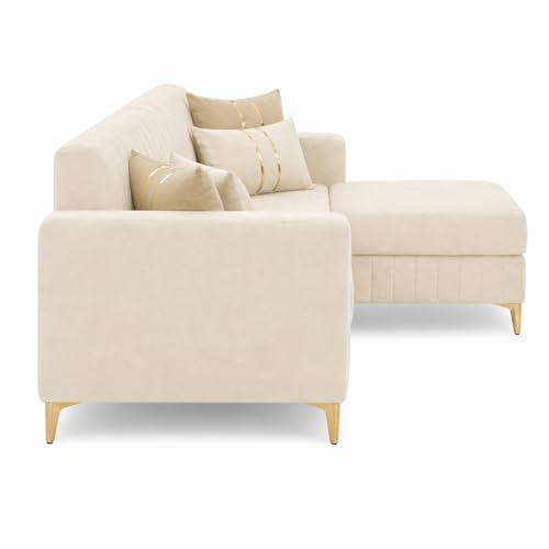 Image of CASASTYLE Noviq 4 Seater L Shape Sofa Set with Movable Ottoman | Flexible Left or Right Layout | Cozy Velvet Fabric | Soft Touch Seating | Modern Designer Sofa for Living Room (Cream)