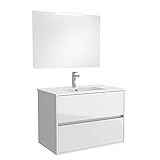 Brand: Salgar Conjunto Mueble baño 80 cm 100% montado de fábrica con Lavabo, Espejo y Aplique  Modelo Noja color Blanco Lacado Brillo suspendido 2 cajones con Lavabo Porcelana blanca y aplique de luz Led