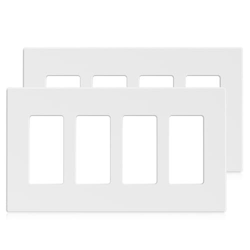 Image of ELEGRP 4-Gang Screwless Decorative Wall Plates, Mid-Size Unbreakable Thermoplastic Faceplate Cover for Decorator Receptacle Outlet Switch, UL Listed (2 Pack, Matte White)