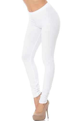 Made in The USA - Women's Leg Smoothing Full Length Solid Basic Cotton Leggings - White Large