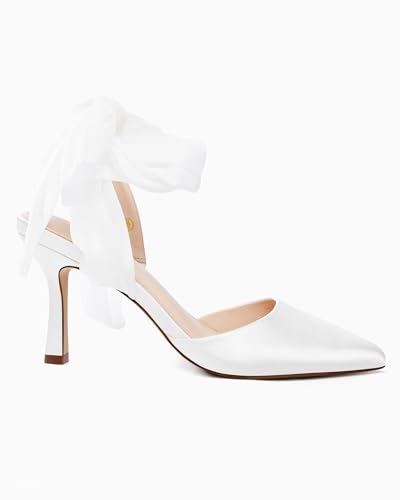 Image of Womens Lace up Satin Heels Bow Pointed Closed Toe Bridal Dress Shoes Low Heel Wedding Elegant Pumps