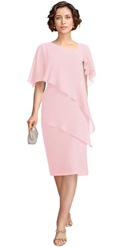 Wchecalino Women's Tea Length Mother of Bride Dresses for Wedding Chiffon Ruffle Sleeve Formal Evening Dress